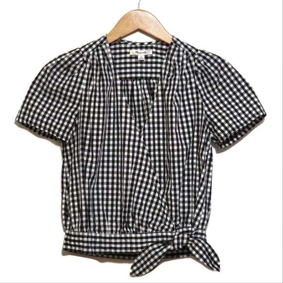 Madewell V Neck Short Sleeve Faux Wrap Front Tie Gingham Top Size XS - Picture 15 of 15